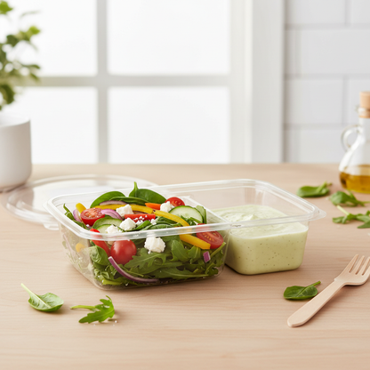 Transparent PLA 2 compartment container with salad lifestyle