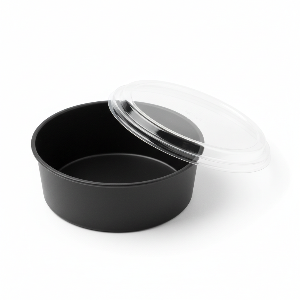 Round black 500ml PLA container lid open