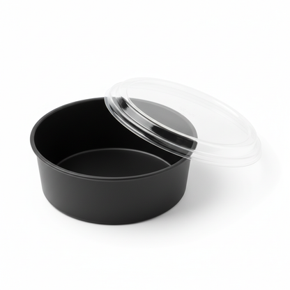 Round black 500ml PLA container lid open