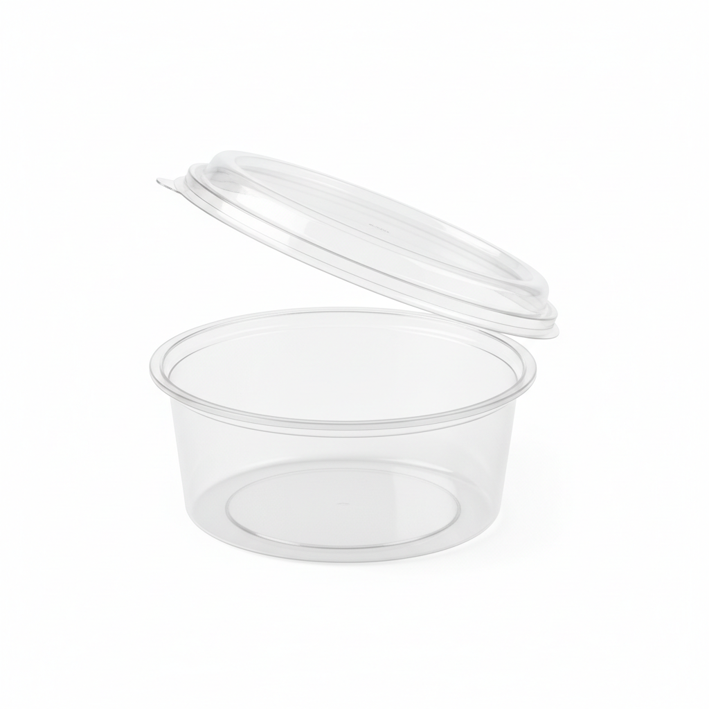 Round transparent 250ml PLA container lid open