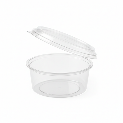 Round transparent 250ml PLA container lid open