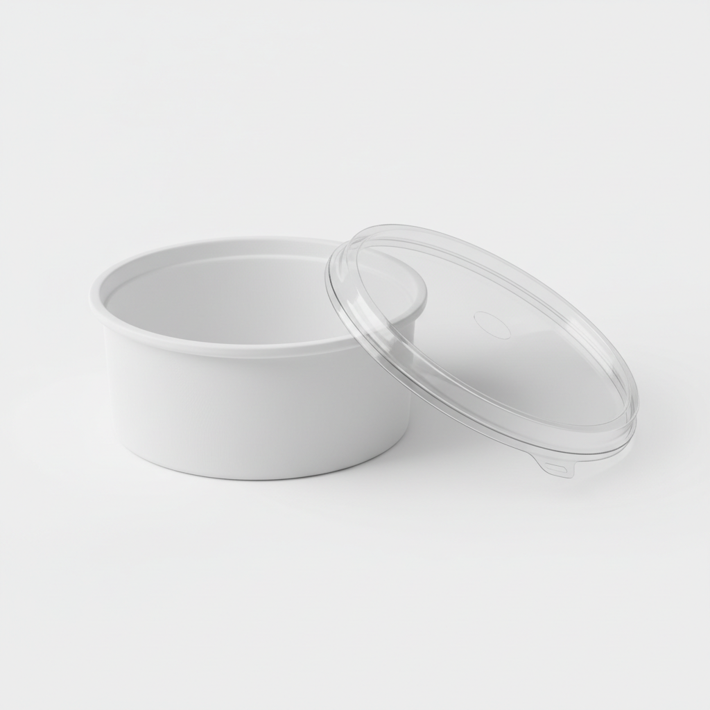 Round white 500ml PLA container lid open
