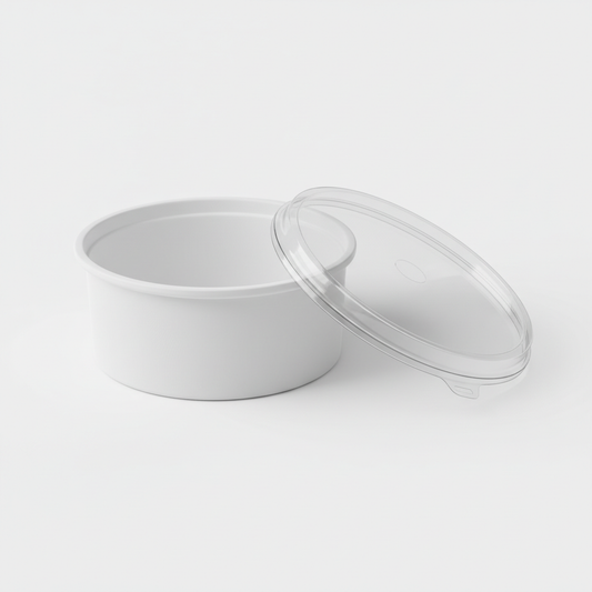 Round white 500ml PLA container lid open