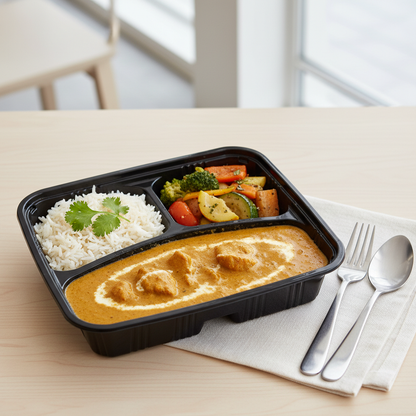 Black PLA 3 compartment container with thali meal lifestyle