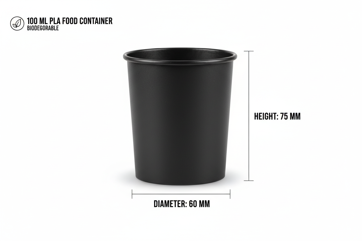 Size guide for black 100ml PLA container