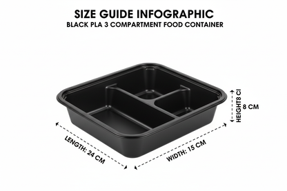 Size guide black PLA 3 compartment container