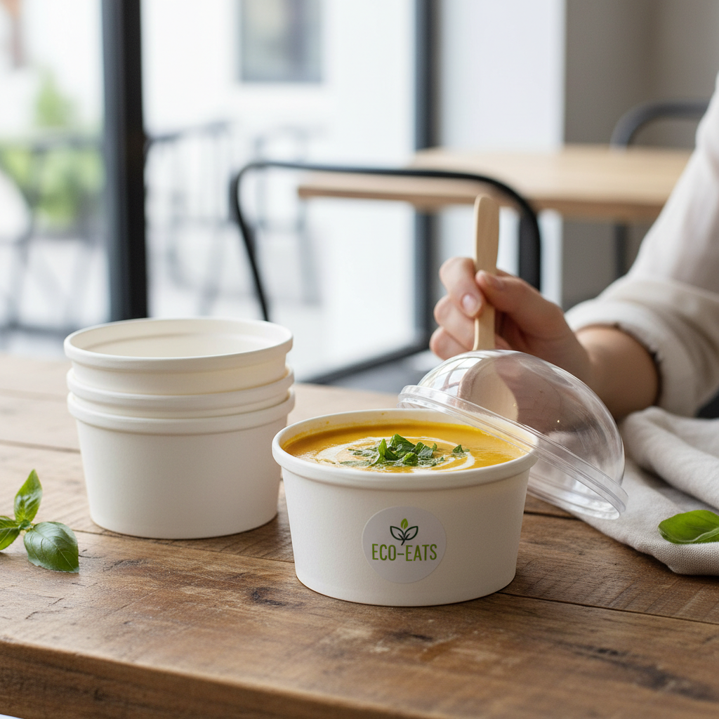 Round white PLA 100ml container with soup lifestyle