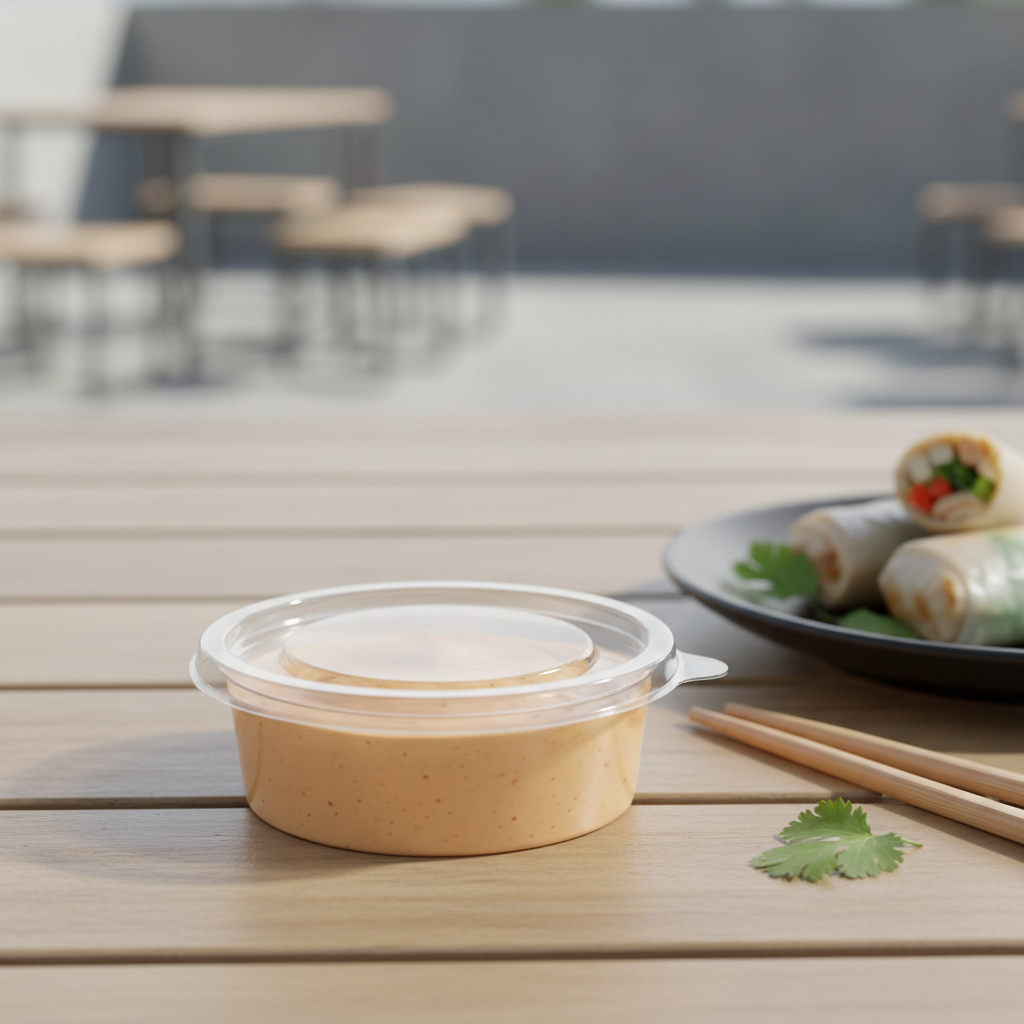 Round transparent PLA 50ml container with sauce lifestyle