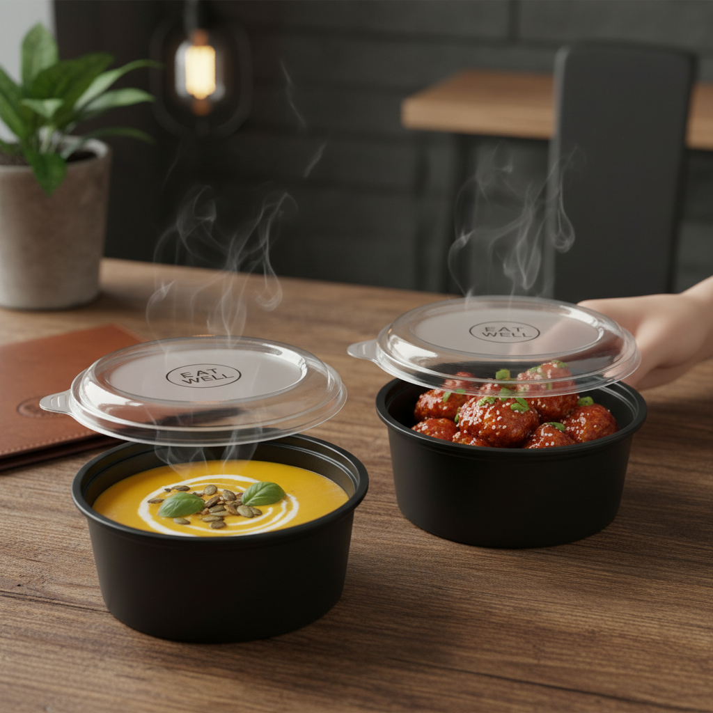 Round black PLA 300ml container with food lifestyle