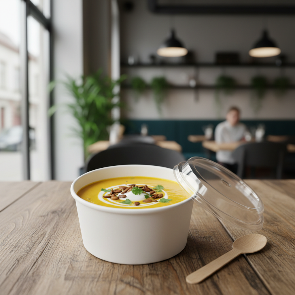 Round white PLA 300ml container with food lifestyle