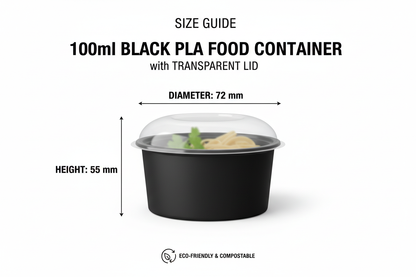 Size guide for black 100ml PLA container with transparent lid