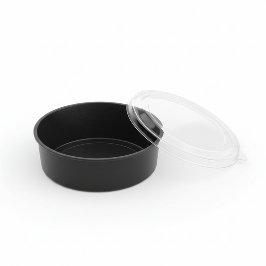 Round black 250ml PLA container lid open