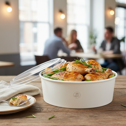 Round white PLA 1500ml container with catering lifestyle
