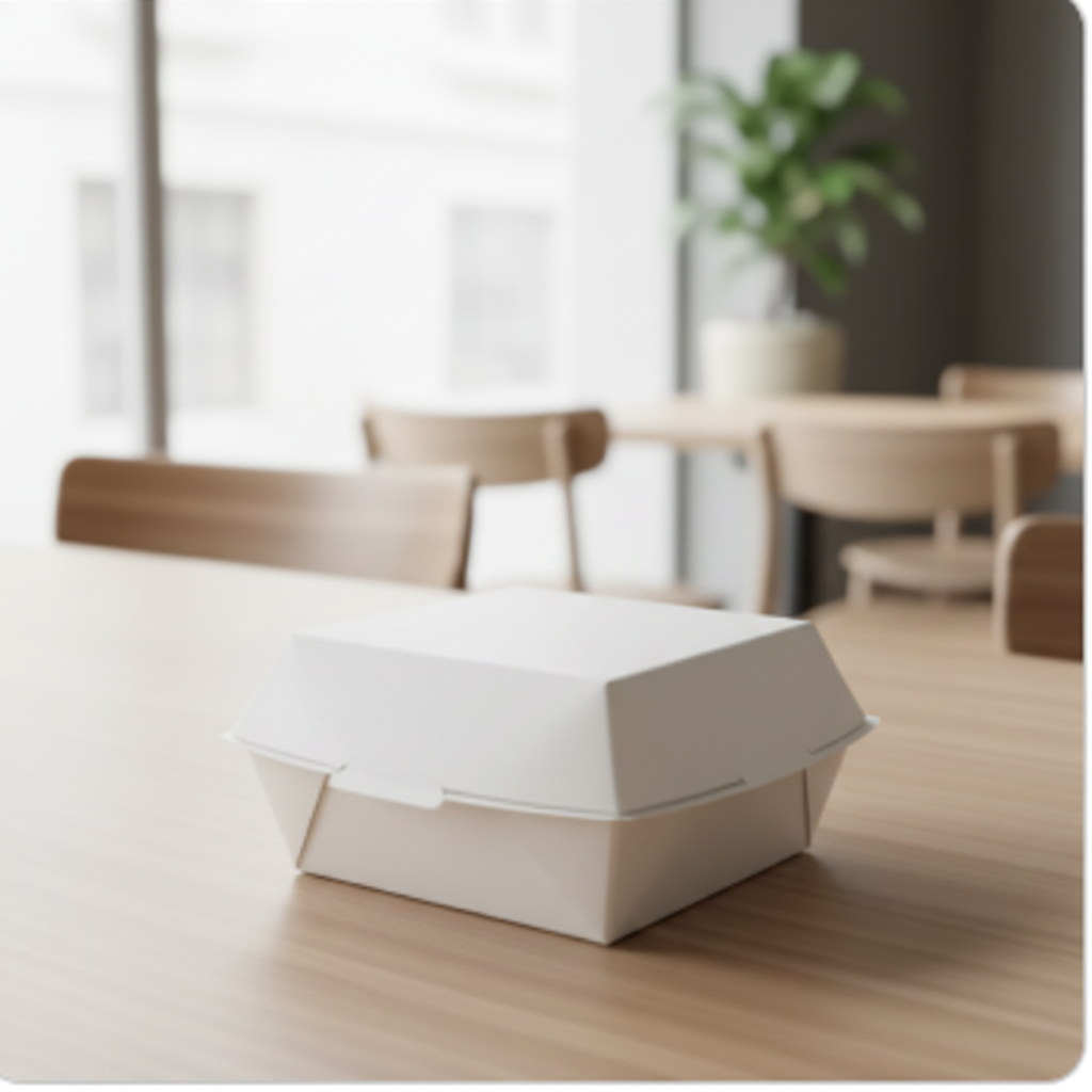 White paper food box 500ml side angle on wooden table
