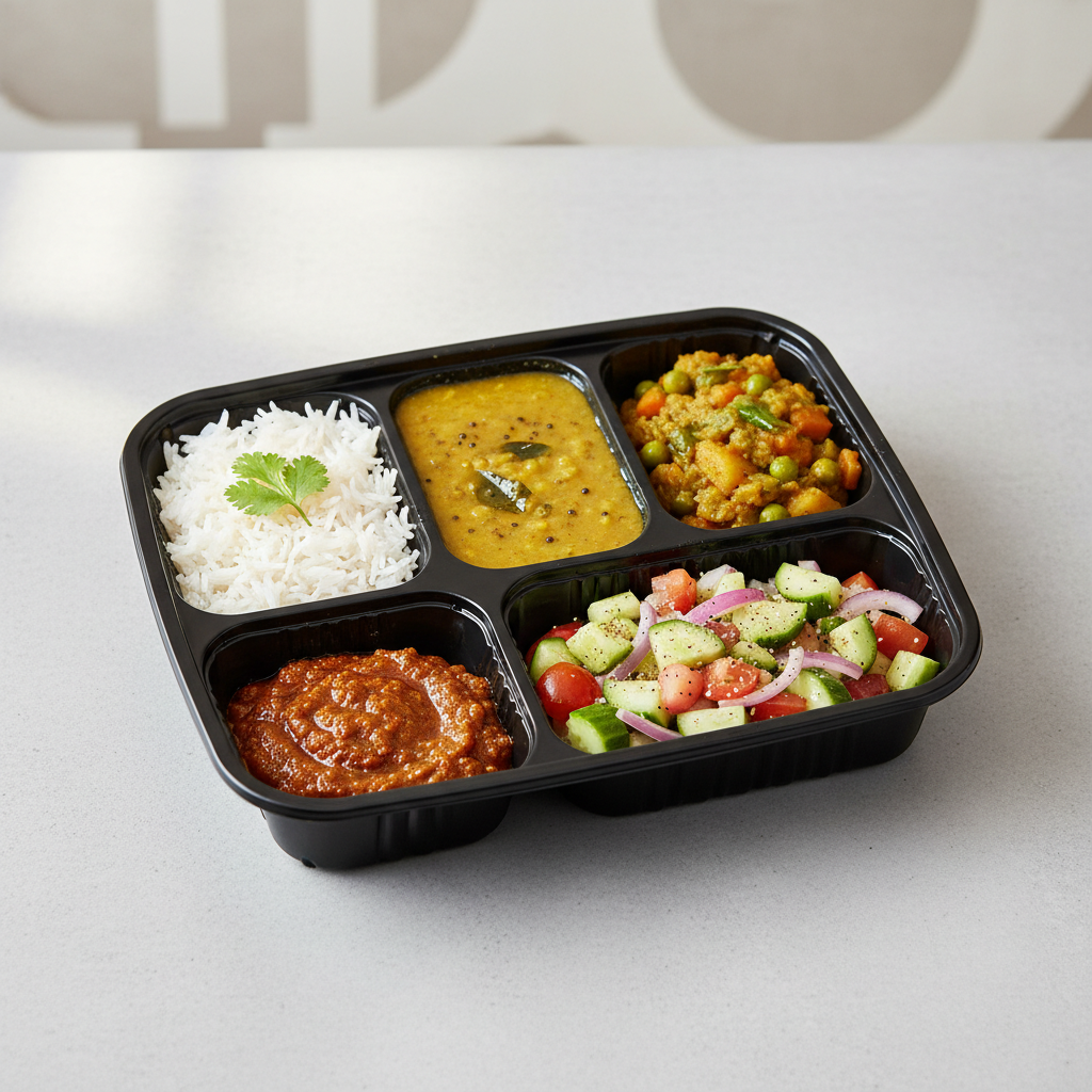 Black PLA 5 compartment container with Indian thali meal lifestyle