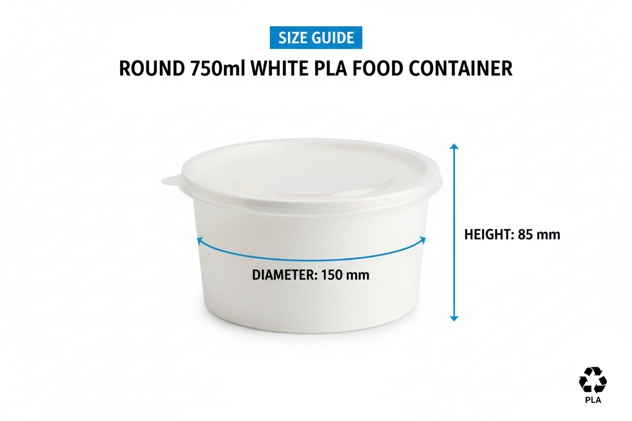 Size guide round white 750ml PLA container