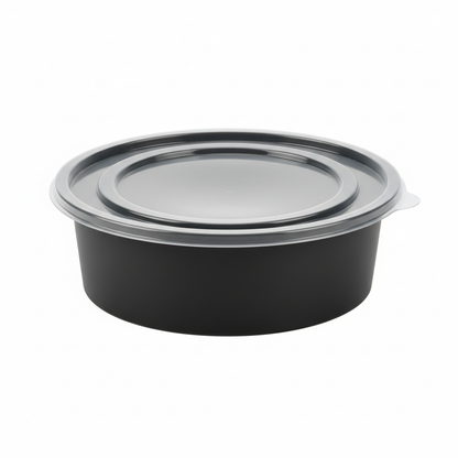 Round black PLA food container 500ml with transparent lid