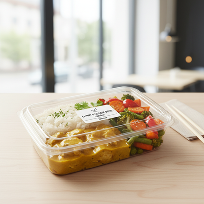 Rectangular transparent PLA 1000ml with full meal lifestyle