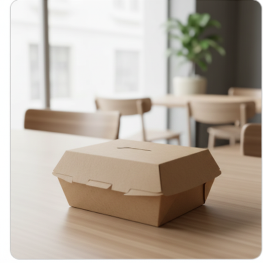Kraft paper food box 500ml closed on wooden table