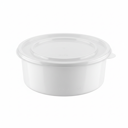 Round white PLA food container 1000ml with transparent lid