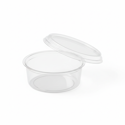 Round transparent 100ml PLA container lid open