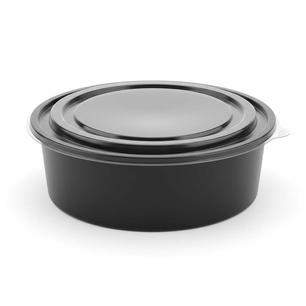 Round black PLA food container 1000ml with transparent lid