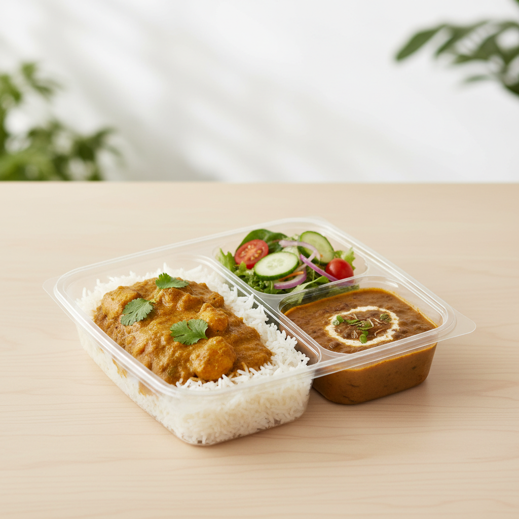 Transparent PLA 3 compartment container with meal lifestyle