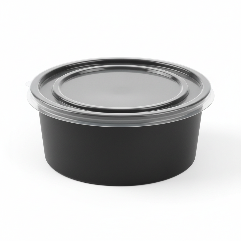 Round black PLA food container 300ml with transparent lid