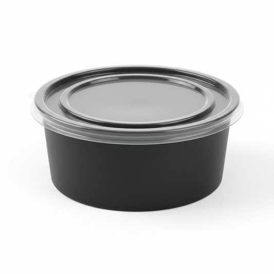 Round black PLA food container 300ml with transparent lid