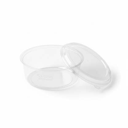 Round transparent 1200ml PLA container lid open