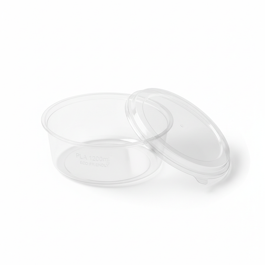 Round transparent 1200ml PLA container lid open