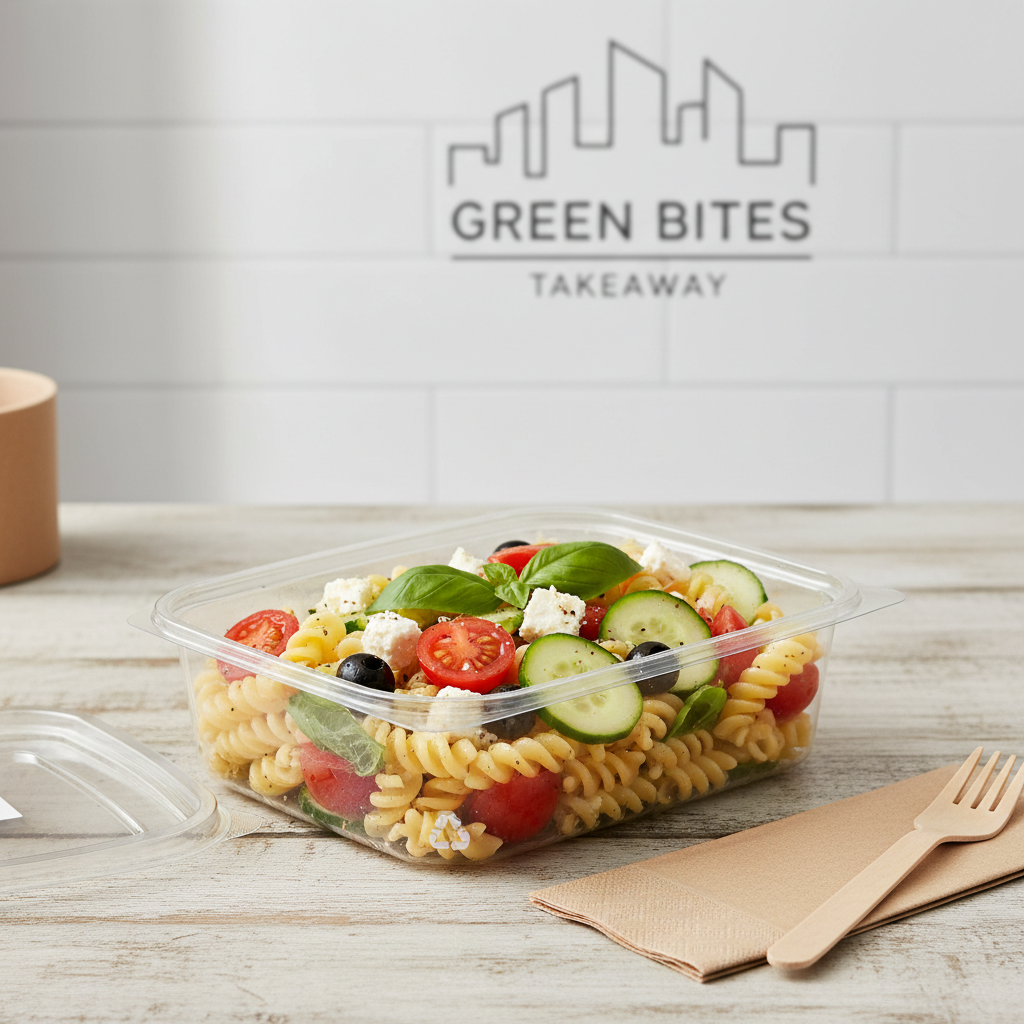 Rectangular transparent PLA 500ml with pasta salad lifestyle