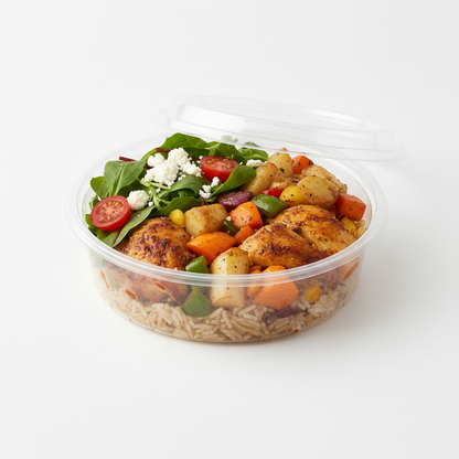 Round transparent PLA 1500ml container with catering lifestyle