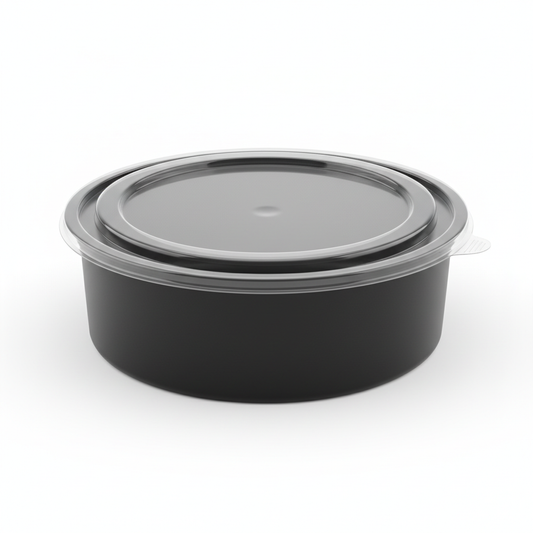 Round black PLA food container 1500ml with transparent lid