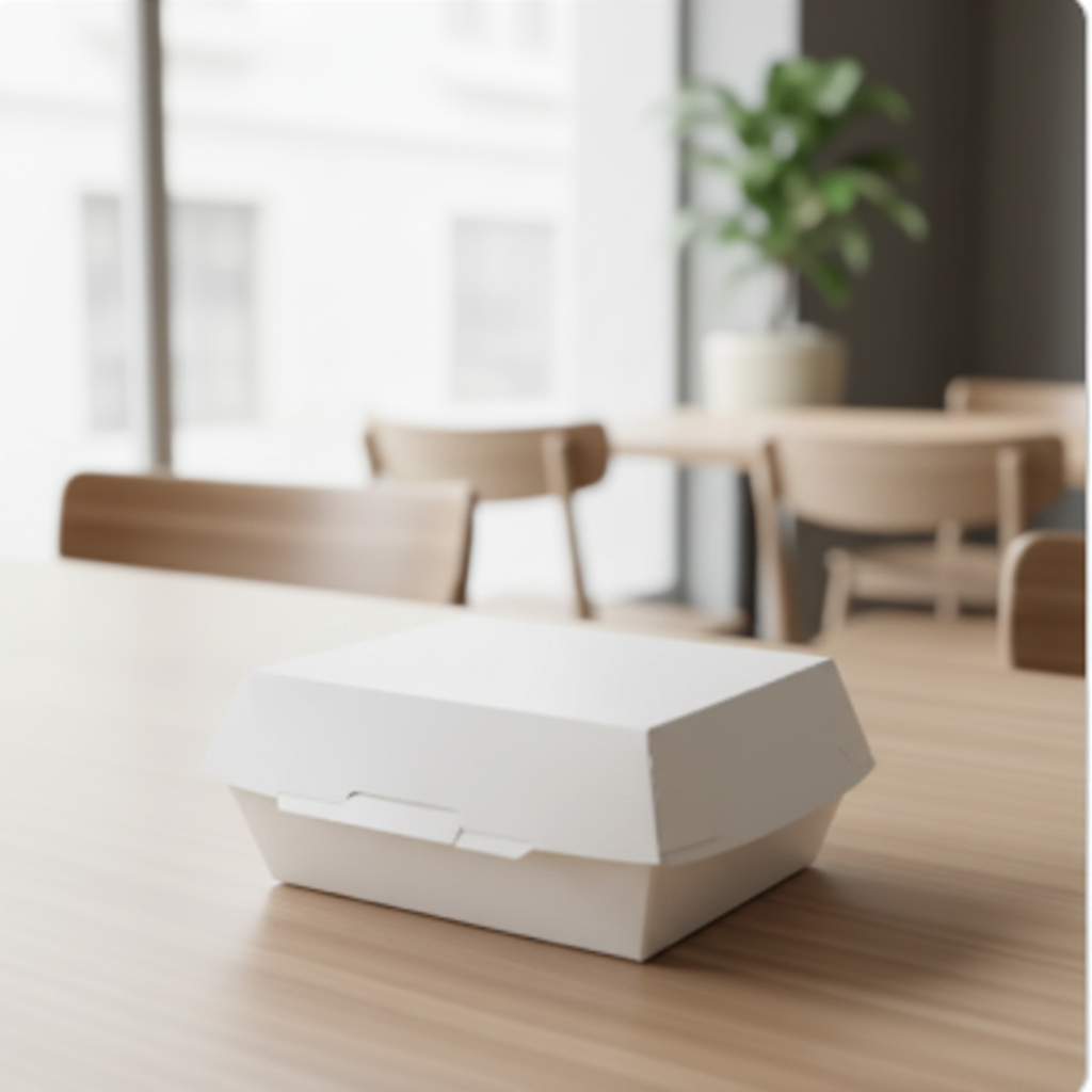 White paper food box 750ml closed on wooden table