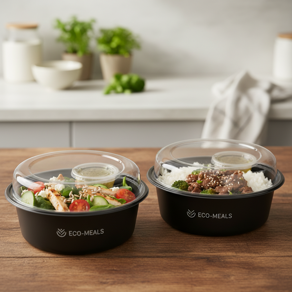 Round black PLA 250ml container with food lifestyle