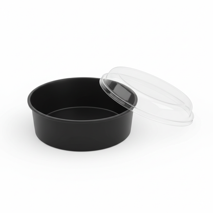 Round black 300ml PLA container lid open