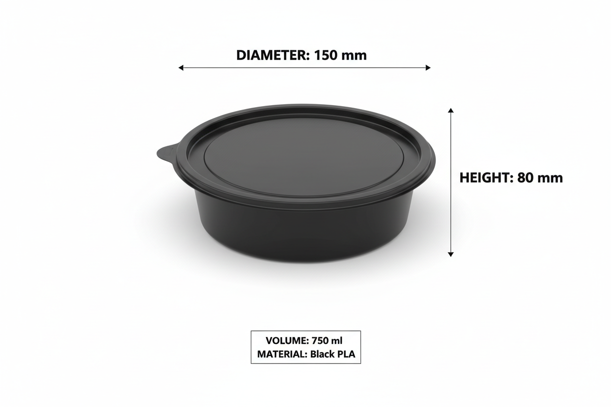 Size guide round black 750ml PLA container